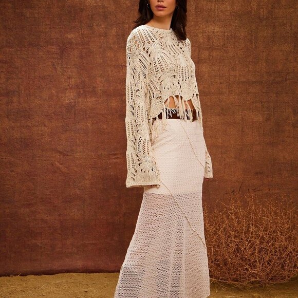 Beige Boho Casual Women's Open Knit Long Sleeve Tassel Fringe Sweater top - Picture 2 of 5